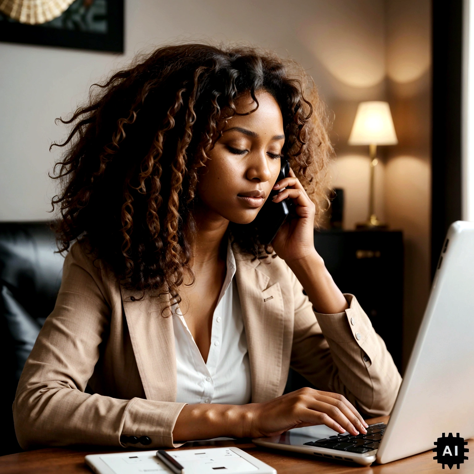 luxury faceless black woman , curly hair, eyes closed, on the cellphone using a tablet computer in a room, working, still from a live action movie, profile pose, [ realistic photo ]!!, serious business, lazy, elegant look
