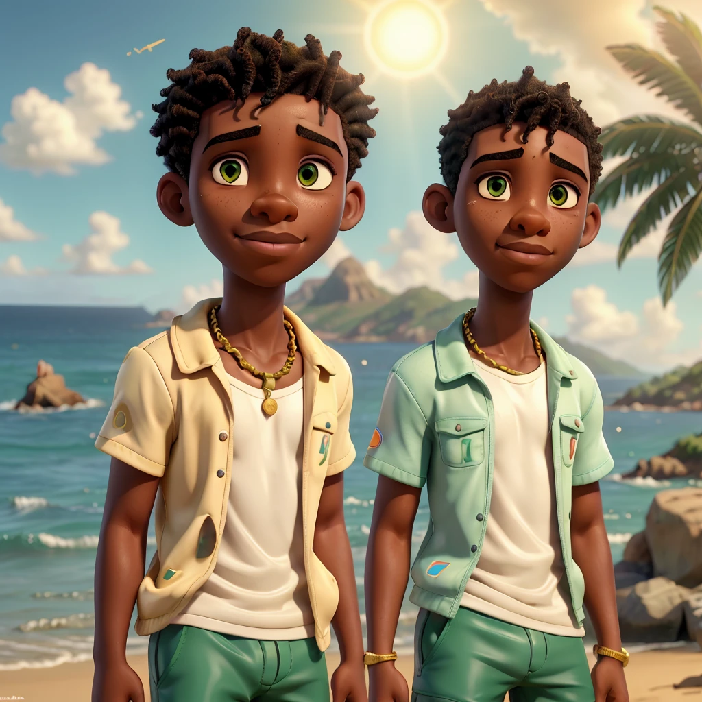 realistic, African boy, luscious lips, tired applying lip makeup in front of the camera, shaved hair, sports briefs, wet swimming trunks, shine, gold chain around the neck, green eyes, hyperrealistic, shoulders, collarbone, thin waist, sun  , stormy sea background, Sunlight, setting sun, wind, cleavage, (first work), sweat, bubbles,