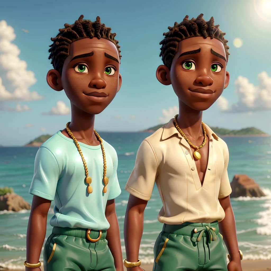 realistic, African boy, luscious lips, tired applying lip makeup in front of the camera, shaved hair, sports briefs, wet swimming trunks, shine, gold chain around the neck, green eyes, hyperrealistic, shoulders, collarbone, thin waist, sun , stormy sea background, Sunlight, setting sun, wind, cleavage, (first work), sweat, bubbles,