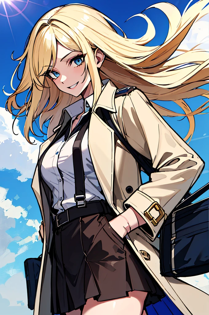 (absurdres, 8k, 4k, masterpiece, hyper extreme detailed:1.2), solo, 1girl, side view, perfect face, 1girl, portrait, expressive eyes, solo, standing, Female, toned body, mature female, large breasts, pale, platinum blonde hair, medium hair, dark blue eyes, swept bangs, athletic body, stoic, windy hair, moving hair, moving clothes, Dark Brown Skirt. White Shirt, Tan Trench Coat, German, Medals, Military, battle worn, scars, medals, messy hair, smile, happy, heroic, perfect anatomy, friendly, heroism, light blonde hair, blue sky, sun, clouds, muscular, half body, hands in pockets