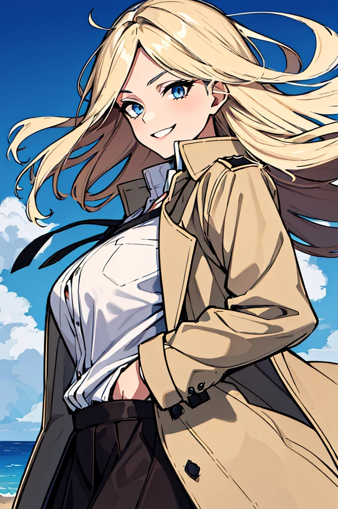 (absurdres, 8k, 4k, masterpiece, hyper extreme detailed:1.2), solo, 1girl, side view, perfect face, 1girl, portrait, expressive eyes, solo, standing, Female, toned body, mature female, large breasts, pale, platinum blonde hair, medium hair, dark blue eyes, swept bangs, athletic body, stoic, windy hair, moving hair, moving clothes, Dark Brown Skirt. White Shirt, Tan Trench Coat, German, Medals, Military, battle worn, scars, medals, messy hair, smile, happy, heroic, perfect anatomy, friendly, heroism, light blonde hair, blue sky, sun, clouds, muscular, half body, hands in pockets