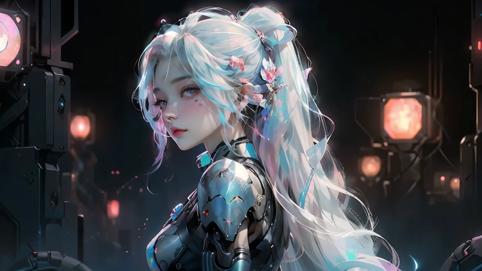 beautiful pink and blue flowers of different varieties, (cyberpunk:1.2), cinematic film still, lights, noir, ultramodern, dystopian, (sleek), cybernetic, Gustav Klimt, (Lillian Bassman, Erwin Blumenfeld), Katsuhiro Otomo) profile angle fantasy A girl and dynamic glow reflecting on face long hairs looking at back half turned completely white background (illusion) (bioluminescent transparent(((opal knight girl))) ((very long hair))(((unusual creatures and fantastical elements))) that push the boundaries of reality, all set against a (((highly detailed, 8K environment))), where every detail is hyper-cute and precise plain background
