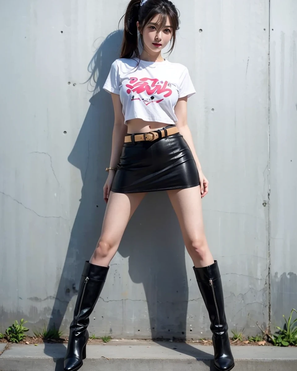 Beautiful Japanese Waifu, early 30s, brunette hair, white cropped shirt, black mini skirt, black long boots