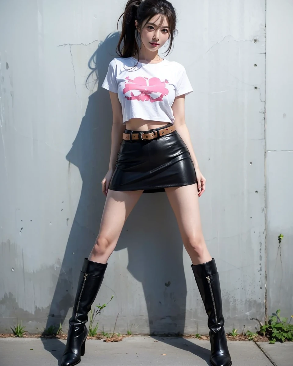 Beautiful Japanese Waifu, early 30s, brunette hair, white cropped shirt, black mini skirt, black long boots