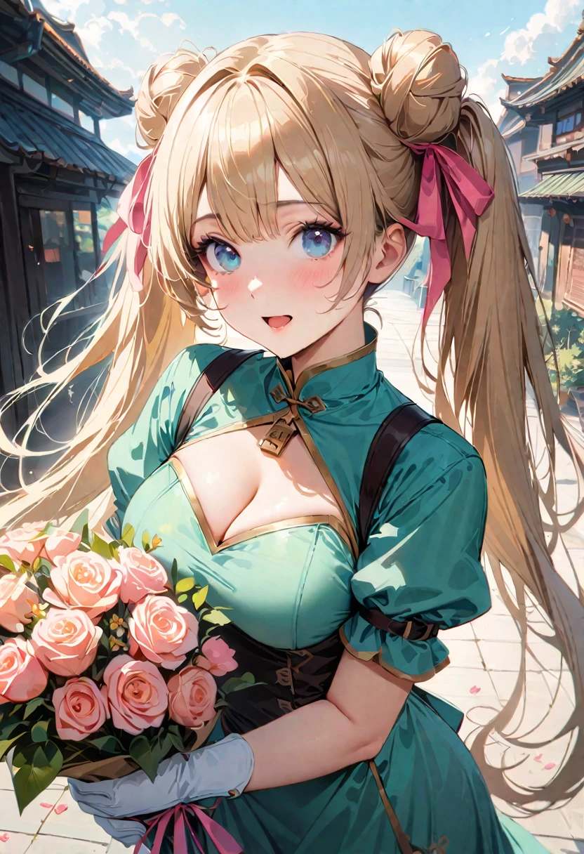 30 years old,1 mature woman,hyperrealistic, 8k, (extremely detailed 8k), (very delicate and beautiful), (masterpiece), (better quality:1.0), (ultra high resolution:1.0), (masterpiece, best quality), cute,blonde,cleavage cutout,(broen dress:1.3),gleaming skin,twintails,twin bun,a pink ribbon on the head,long hair,pastel green chinese maid dress,pastel green chinese dress,white long gloves,hold a bouquet of flowers,face and body straight at the camera,a bunch of flowers,POV,bust shot,white frill,puffy sleeves,laugh with open mouth,tareme,sky blue eyes,short truffle half apron,a gold buckle around someones neck,white corset