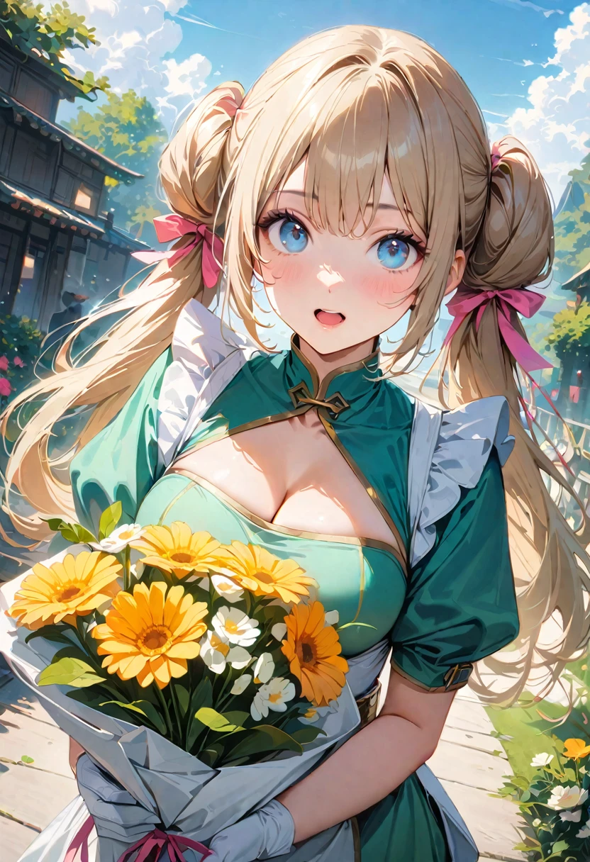 30 years old,1 mature woman,hyperrealistic, 8k, (extremely detailed 8k), (very delicate and beautiful), (masterpiece), (better quality:1.0), (ultra high resolution:1.0), (masterpiece, best quality), cute,blonde,cleavage cutout,(broen dress:1.3),gleaming skin,twintails,twin bun,a pink ribbon on the head,long hair,pastel green chinese maid dress,pastel green chinese dress,white long gloves,hold a bouquet of flowers,face and body straight at the camera,a bunch of flowers,POV,bust shot,white frill,puffy sleeves,laugh with open mouth,tareme,sky blue eyes,short truffle half apron,a gold buckle around someones neck,white corset