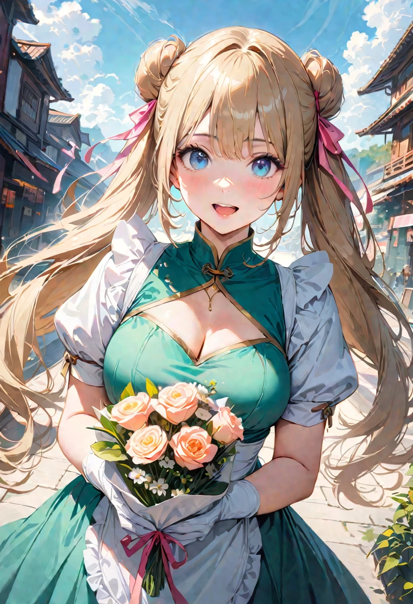 30 years old,1 mature woman,hyperrealistic, 8k, (extremely detailed 8k), (very delicate and beautiful), (masterpiece), (better quality:1.0), (ultra high resolution:1.0), (masterpiece, best quality), cute,blonde,cleavage cutout,(broen dress:1.3),gleaming skin,twintails,twin bun,a pink ribbon on the head,long hair,pastel green chinese maid dress,pastel green chinese dress,white long gloves,hold a bouquet of flowers,face and body straight at the camera,a bunch of flowers,POV,bust shot,white frill,puffy sleeves,laugh with open mouth,tareme,sky blue eyes,short truffle half apron,a gold buckle around someones neck,white corset
