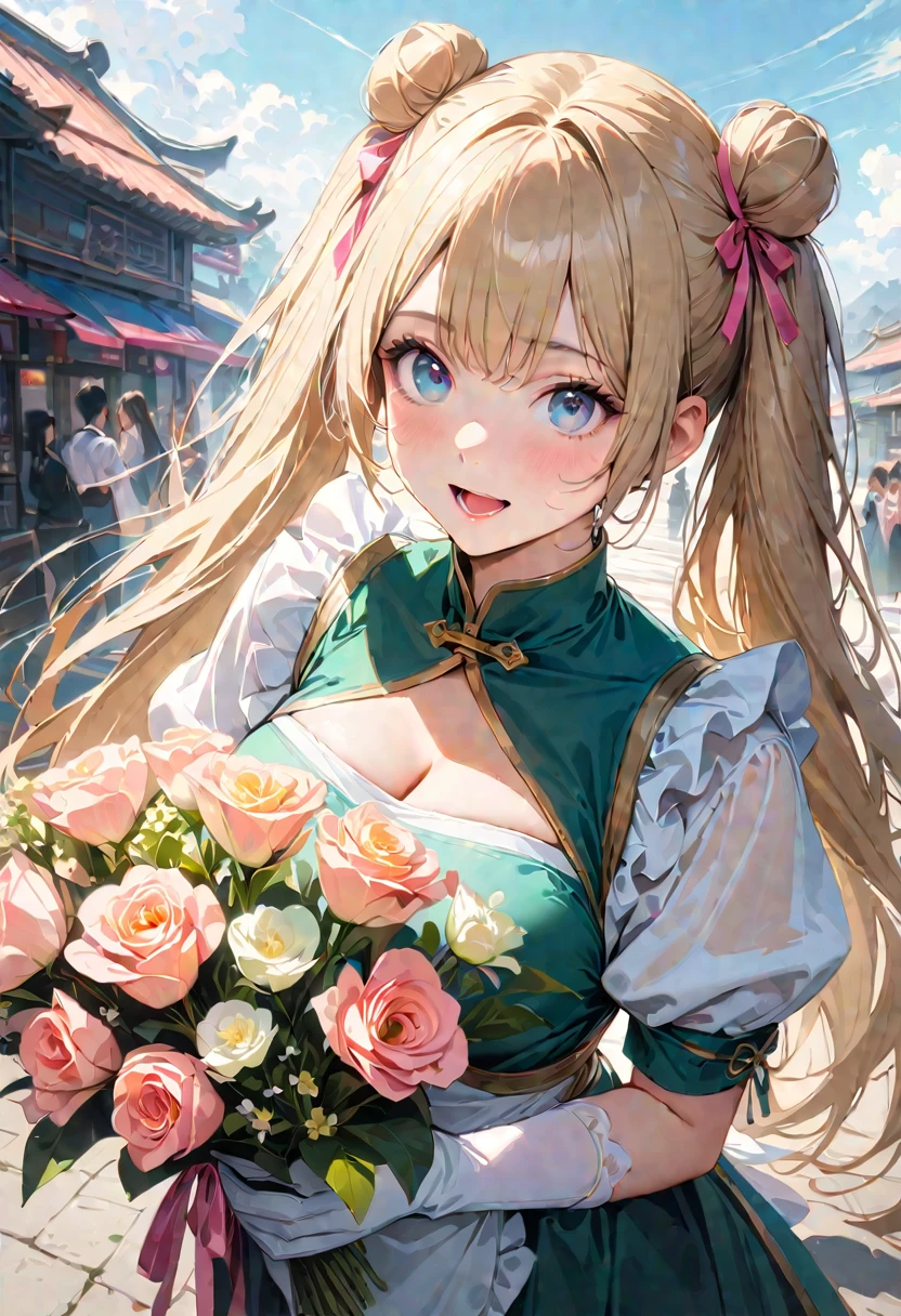 30 years old,1 mature woman,hyperrealistic, 8k, (extremely detailed 8k), (very delicate and beautiful), (masterpiece), (better quality:1.0), (ultra high resolution:1.0), (masterpiece, best quality), cute,blonde,cleavage cutout,(broen dress:1.3),gleaming skin,twintails,twin bun,a pink ribbon on the head,long hair,pastel green chinese maid dress,pastel green chinese dress,white long gloves,hold a bouquet of flowers,face and body straight at the camera,a bunch of flowers,POV,bust shot,white frill,puffy sleeves,laugh with open mouth,tareme,sky blue eyes,short truffle half apron,a gold buckle around someones neck,white corset