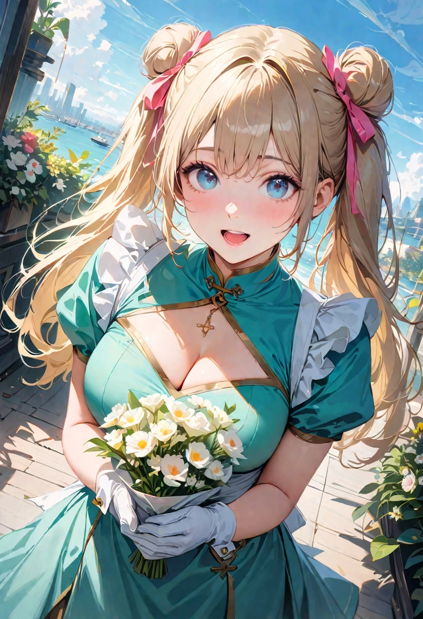 30 years old,1 mature woman,hyperrealistic, 8k, (extremely detailed 8k), (very delicate and beautiful), (masterpiece), (better quality:1.0), (ultra high resolution:1.0), (masterpiece, best quality), cute,blonde,cleavage cutout,(broen dress:1.3),gleaming skin,twintails,twin bun,a pink ribbon on the head,long hair,pastel green chinese maid dress,pastel green chinese dress,white long gloves,hold a bouquet of flowers,face and body straight at the camera,a bunch of flowers,POV,bust shot,white frill,puffy sleeves,laugh with open mouth,tareme,sky blue eyes,short truffle half apron,a gold buckle around someones neck,white corset