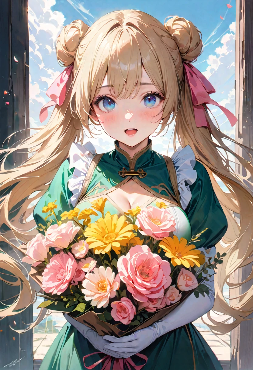 30 years old,1 mature woman,hyperrealistic, 8k, (extremely detailed 8k), (very delicate and beautiful), (masterpiece), (better quality:1.0), (ultra high resolution:1.0), (masterpiece, best quality), cute,blonde,cleavage cutout,(broen dress:1.3),gleaming skin,twintails,twin bun,a pink ribbon on the head,long hair,pastel green chinese maid dress,pastel green chinese dress,white long gloves,hold a bouquet of flowers,face and body straight at the camera,a bunch of flowers,POV,bust shot,white frill,puffy sleeves,laugh with open mouth,tareme,sky blue eyes,short truffle half apron,a gold buckle around someones neck,white corset