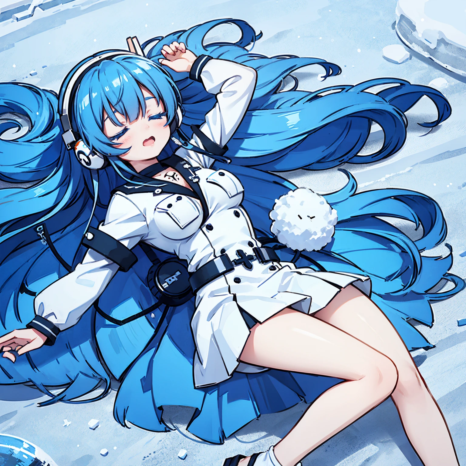 (artwork, best quality) a girl with long blue hair, closed eyes, blue eyelashes, white sailor suit, big breasts, perfect body, beautiful eyes, good waist, tattoo, screaming with joy, arms and legs open, listening to music with a headset, lying in the snow