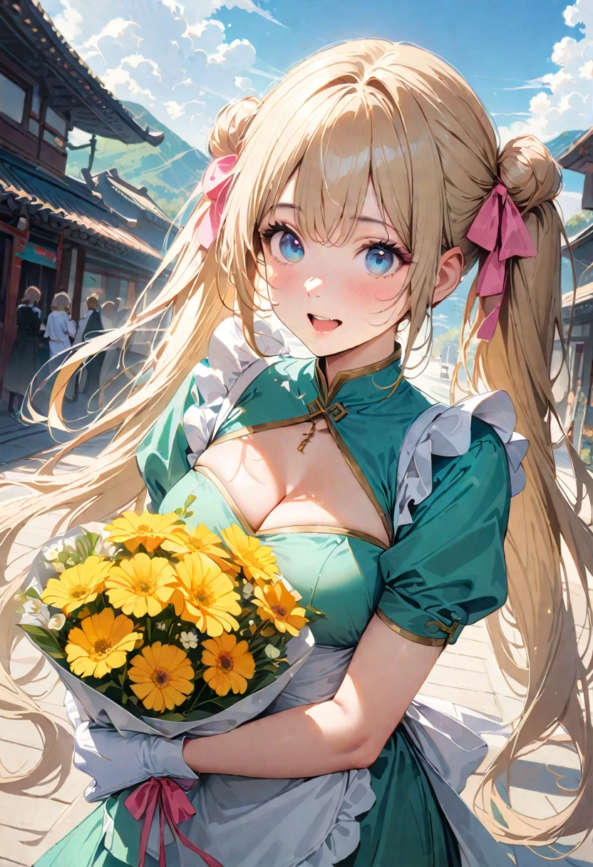 30 years old,1 mature woman,hyperrealistic, 8k, (extremely detailed 8k), (very delicate and beautiful), (masterpiece), (better quality:1.0), (ultra high resolution:1.0), (masterpiece, best quality), cute,blonde,cleavage cutout,(broen dress:1.3),gleaming skin,twintails,twin bun,a pink ribbon on the head,long hair,pastel green chinese maid dress,pastel green chinese dress,white long gloves,hold a bouquet of flowers,face and body straight at the camera,a bunch of flowers,POV,bust shot,white frill,puffy sleeves,laugh with open mouth,tareme,sky blue eyes,short truffle half apron,a gold buckle around someones neck,white corset