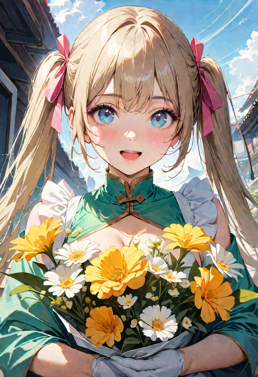 30 years old,1 mature woman,hyperrealistic, 8k, (extremely detailed 8k), (very delicate and beautiful), (masterpiece), (better quality:1.0), (ultra high resolution:1.0), (masterpiece, best quality), cute,blonde,cleavage cutout,(broen dress:1.3),gleaming skin,twintails,twin bun,a pink ribbon on the head,long hair,pastel green chinese maid dress,pastel green chinese dress,white long gloves,hold a bouquet of flowers,face and body straight at the camera,a bunch of flowers,POV,bust shot,white frill,puffy sleeves,laugh with open mouth,tareme,sky blue eyes,short truffle half apron,a gold buckle around someones neck,white corset,pink background,