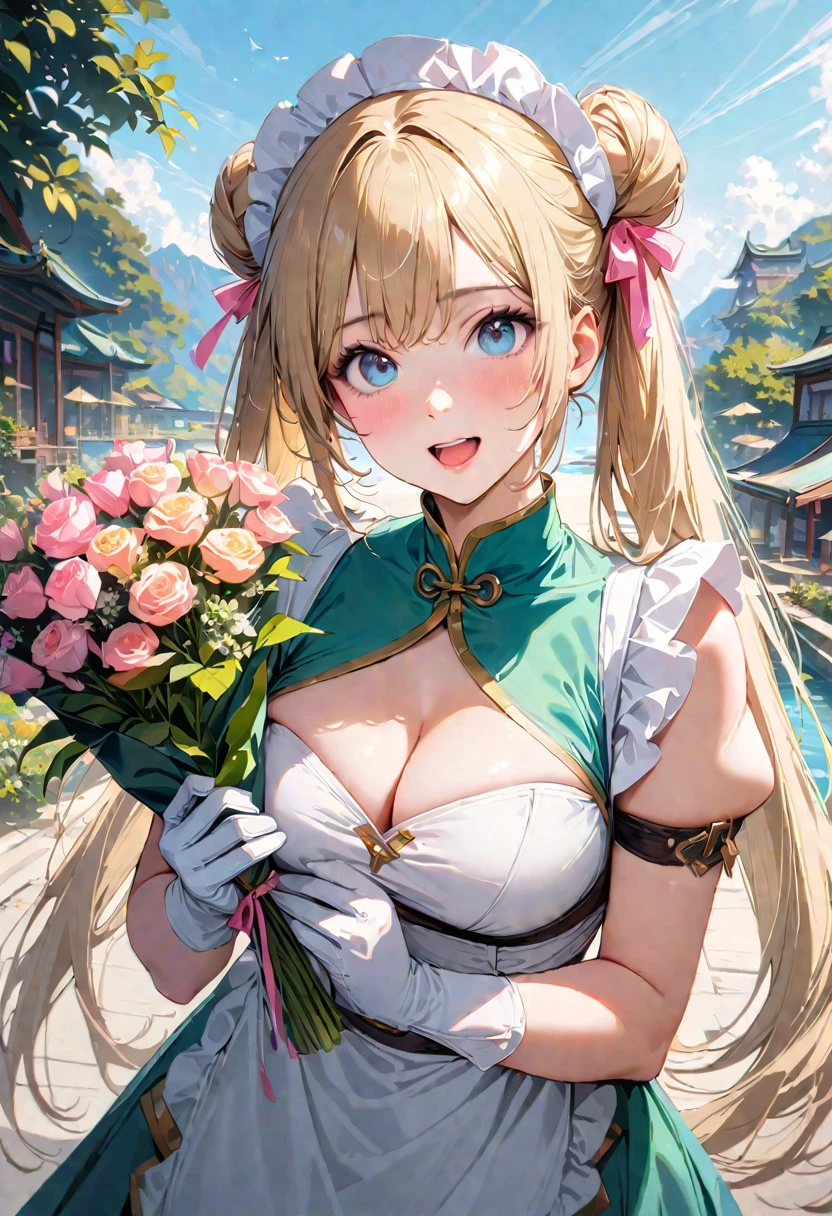 30 years old,1 mature woman,hyperrealistic, 8k, (extremely detailed 8k), (very delicate and beautiful), (masterpiece), (better quality:1.0), (ultra high resolution:1.0), (masterpiece, best quality), cute,blonde,cleavage cutout,(broen dress:1.3),gleaming skin,twintails,twin bun,a pink ribbon on the head,long hair,pastel green chinese maid dress,pastel green chinese dress,white long gloves,hold a bouquet of flowers,face and body straight at the camera,a bunch of flowers,POV,bust shot,white frill,puffy sleeves,laugh with open mouth,tareme,sky blue eyes,short truffle half apron,a gold buckle around someones neck,white corset