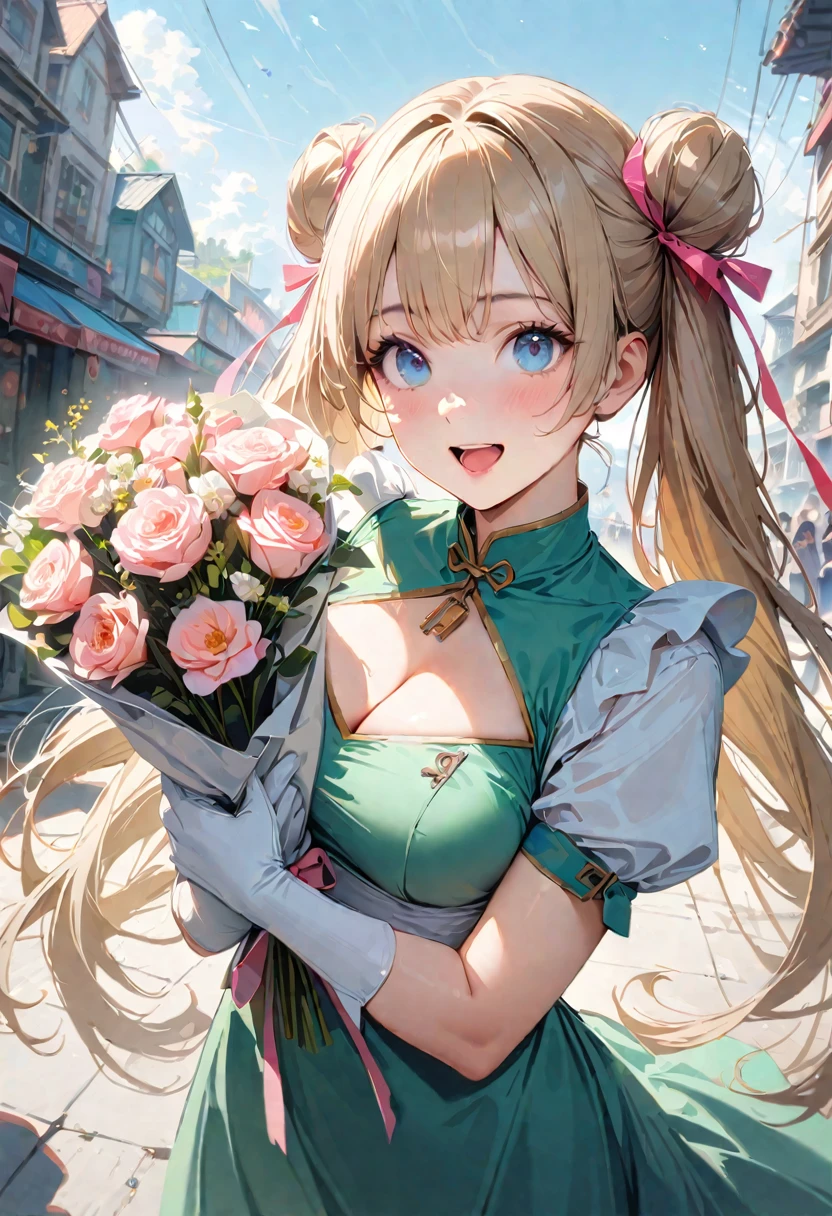 30 years old,1 mature woman,hyperrealistic, 8k, (extremely detailed 8k), (very delicate and beautiful), (masterpiece), (better quality:1.0), (ultra high resolution:1.0), (masterpiece, best quality), cute,blonde,cleavage cutout,(broen dress:1.3),gleaming skin,twintails,twin bun,a pink ribbon on the head,long hair,pastel green chinese maid dress,pastel green chinese dress,white long gloves,hold a bouquet of flowers,face and body straight at the camera,a bunch of flowers,POV,bust shot,white frill,puffy sleeves,laugh with open mouth,tareme,sky blue eyes,short truffle half apron,a gold buckle around someones neck,white corset