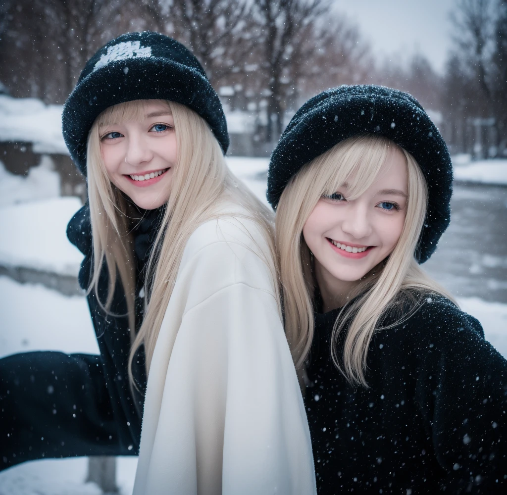 Pale blonde teenage girl with bangs and blue-green eyes soft silky hair, with a long white sweatshirt and white pants taking a photo in the snow lying on the ground and making faces 
