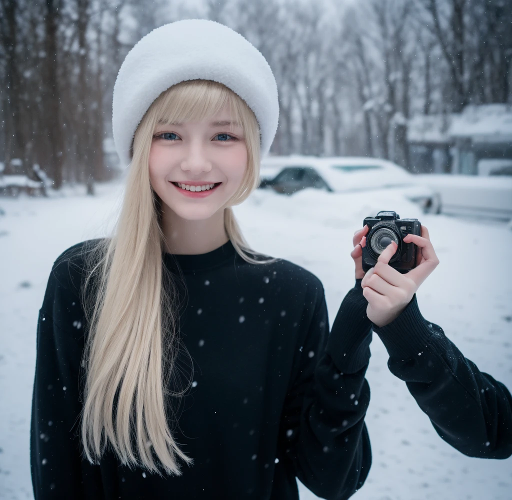 Tall pale blonde age girl with bangs soft silky hair in long black sweatshirt and black pants wearing a white Russian Soviet ushanka on her head smiling taking photo in the snowing snow