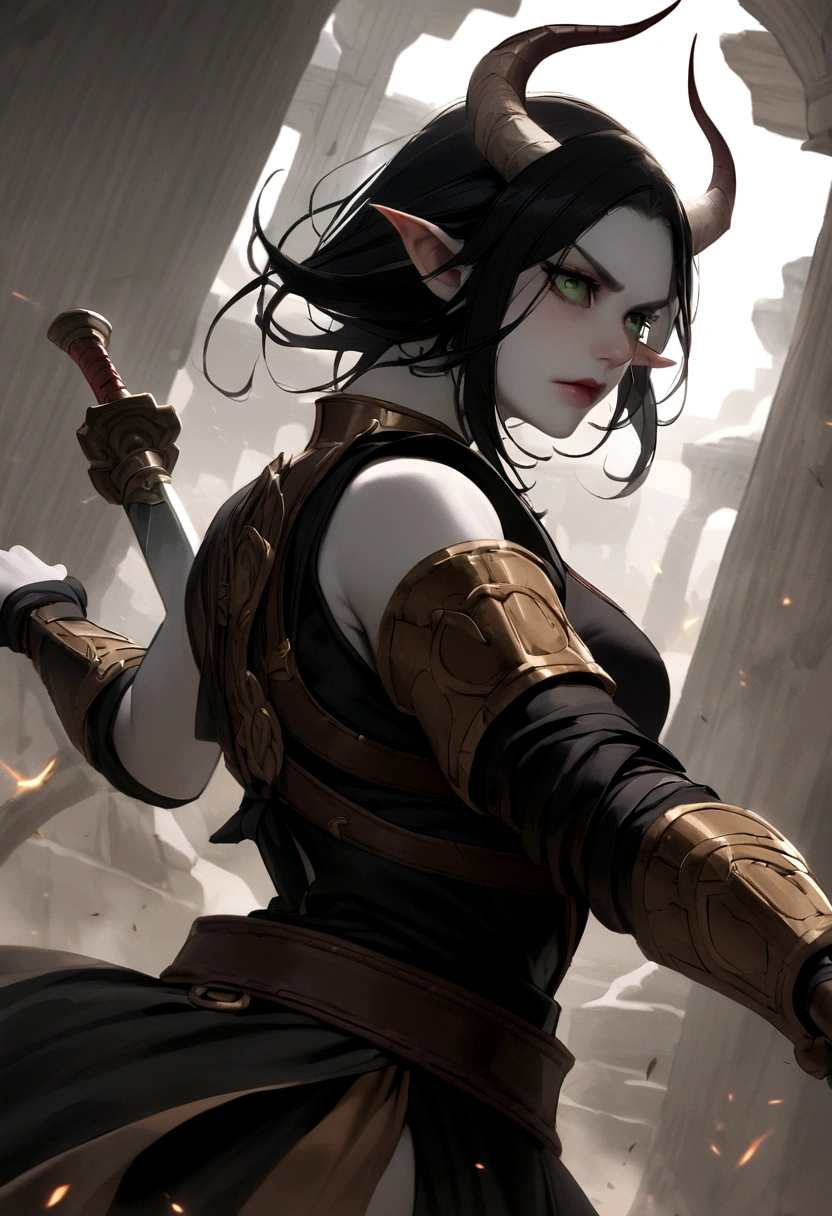 Female warrior character, with long black hair, greeneyes, pale skin, with huge, curved horns like those of a ram, coming out of the temples and curling back, wielding a dagger masterfully, de corpo todo
