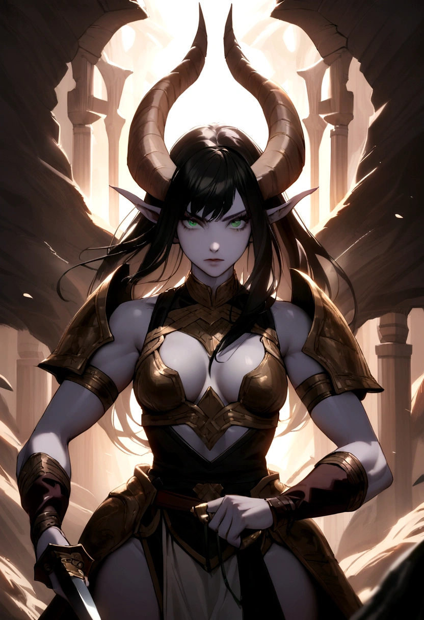 Female warrior character, with long black hair, greeneyes, pale skin, with huge, curved horns like those of a ram, coming out of the temples and curling back, wielding a dagger masterfully, de corpo todo