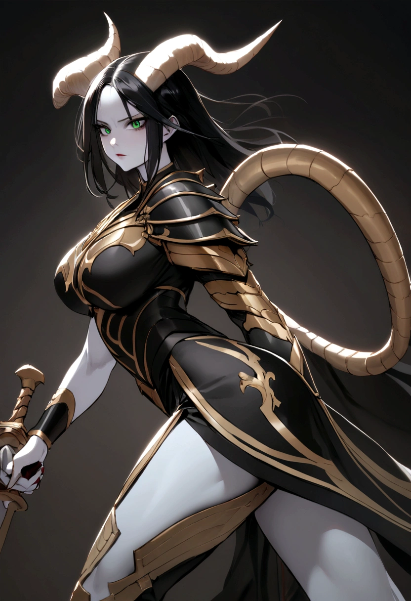 Female warrior character, with long black hair, greeneyes, pale skin, with huge, curved horns like those of a ram, coming out of the temples and curling back, wielding a dagger masterfully, de corpo todo