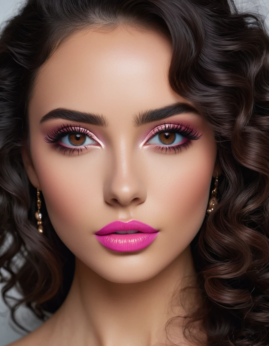 photorealistic Realism 16K Quality: (((hyper resolution, absurd detailed detail quality), absurd quality details clear non blurry and sharp perfectly round realistic brown_eyes:1.35), extreme Intricately details:1.35)), ([long(lashes)|perfect(eyeshadows)]:[blue|pink]), (super Detailed, beautiful little nose:1.2), (perfect composition), Depth of field, cinematic light, Lens flare, (extremely beautiful lips, eyes), a cute 1model:1.4 24yo, dslr, best high quality soft lighting, sharp focus captured by Fujifilm XT3, f 5.6, in a dramatic lighting, ((extremely beautiful cute sharp-face)), ((V-line jaw)), (light pale complexion), ((finely detailed pupils:1.4)), Perfekt makeup:1.35, ((detailed symmetrical lips:1.3)), pink_lipstick:1.3, ((long blue_eyeliner),extreme detailed), ((perfect dark_eyeshadows:1.35)), (Detailed nose:1.2), (perfect composition), (best high quality realistic texture skin), ((best high quality realistic texture long black hair, (curly waves), hyper Intricate details:1.45)), (Super beautiful body), (perfect female body:1.4), (small round head:1.4 (anatomically correct)), slim face, beautiful cheekbones, ((slim-muscled body:1.24)), ((firm and full breasts)), (super detailed professional makeup on face:1.3), perfect composition, (pale skin), ((dry skin)), (photorealistic, 4k,8k, extremely insanel realistic details, masterpiece), vibrant:1.2, (Upper body shot), ((highly elaborate extravagant microscopic street outfit:1.25)), perfect composition, ((look at the viewer)), Hasselblad, 85mm f/4.0