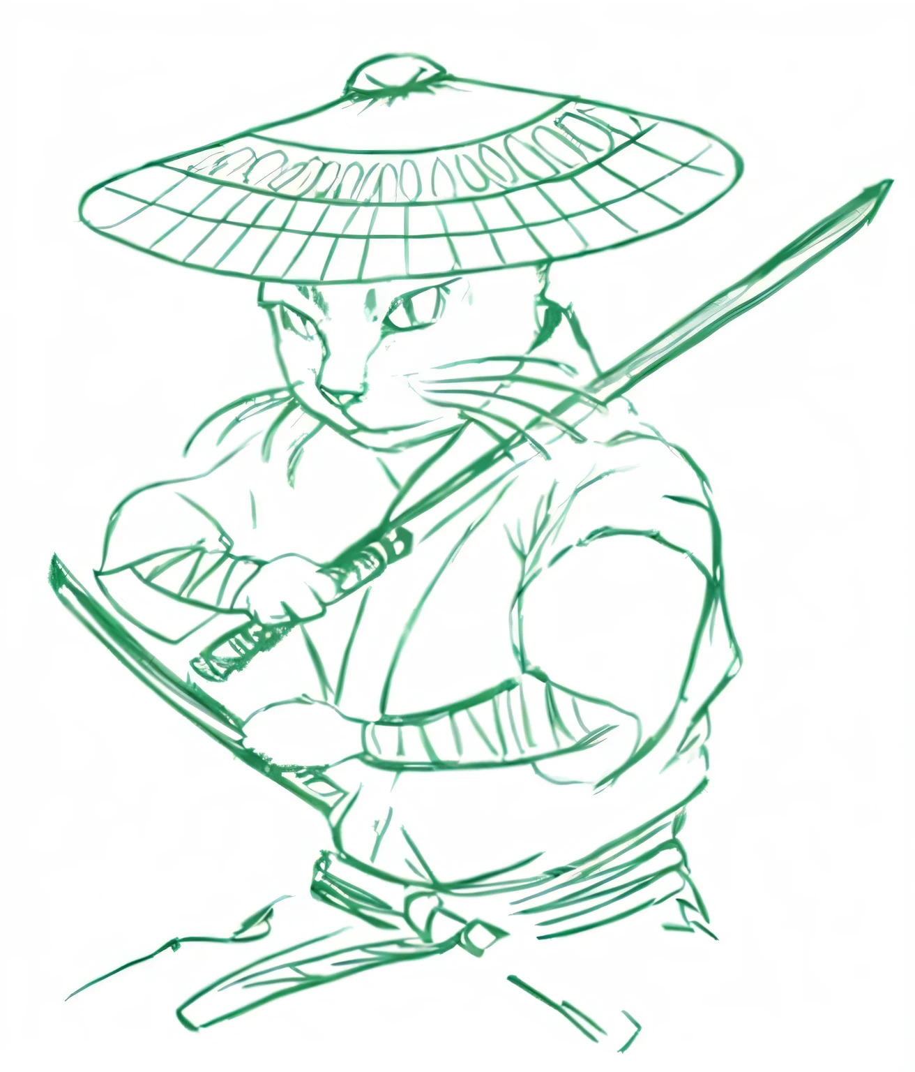 Finish and improve this drawing of a samurai cat. Add details to the hat, sword, and outfit, and refine the line work.
