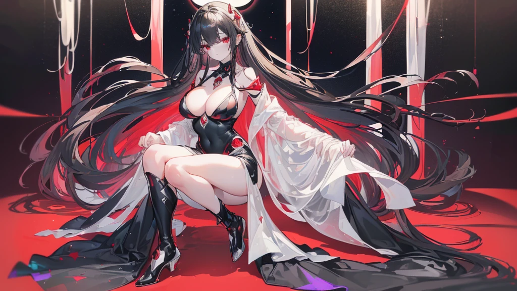 (Exquisite eyes),(Clear and beautiful eyes:1.61),masterpiece, ung girl,(Black clothes and some red gems), Black long hair, (She has a huge red gem on her chest), Good Hand,((The Havoc of StarCraft)),full-body shot,Fighting Stance,(Red Eyes:1.466),short and small,(Very big breasts:1.35),(Pretty Face),(full-body shot:1.33),Beautiful hands