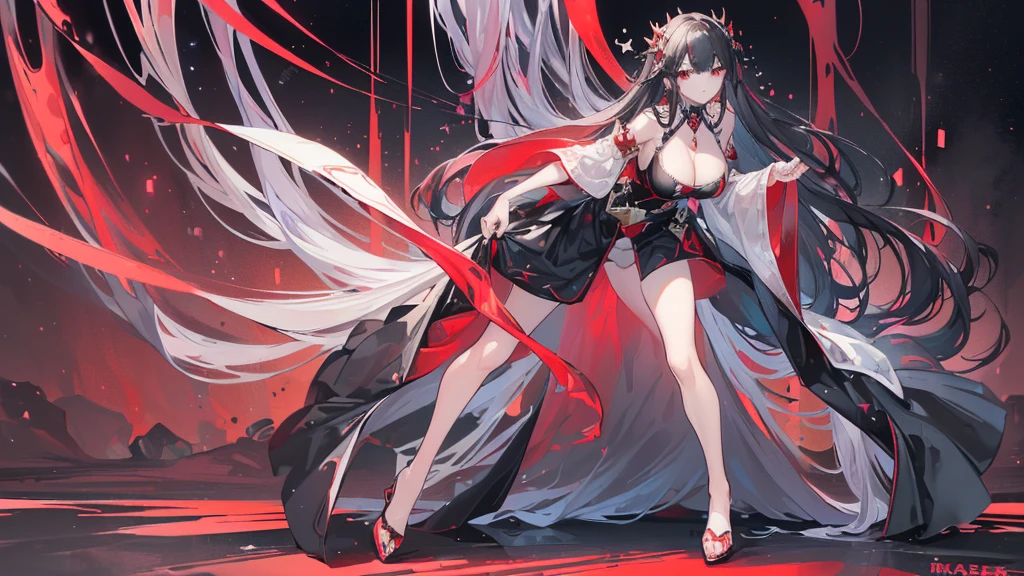 (Exquisite eyes),(Clear and beautiful eyes:1.61),masterpiece, ung girl,(Black clothes and some red gems), Black long hair, (She has a huge red gem on her chest), Good Hand,((The Havoc of StarCraft)),full-body shot,Fighting Stance,(Red Eyes:1.466),short and small,(Very big breasts:1.35),(Pretty Face),(full-body shot:1.33),Beautiful hands