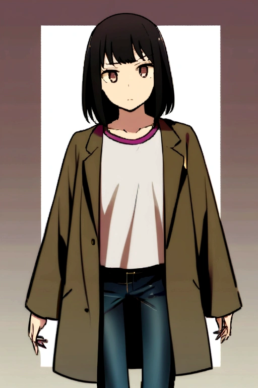 Ayumi Tanaka is a 23-year-old woman, of average height (1,65 m), With a slender body. She has long black hair, usually loose, and dark brown eyes that reflect sadness and depth. Your skin is fair and slightly pale. Ayumi prefers casual and discreet clothes, like jeans and simple t-shirts, often accompanied by an old coat. His expression is serious and determined, with a look that carries the weight of your experiences.