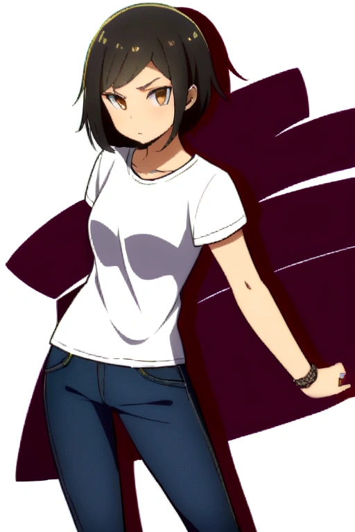 Ayumi Tanaka is a 23-year-old woman, of average height (1,65 m), With a slender body. She has long black hair, usually loose, and dark brown eyes that reflect sadness and depth. Your skin is fair and slightly pale. Ayumi prefers casual and discreet clothes, like jeans and simple t-shirts, often accompanied by an old coat. His expression is serious and determined, with a look that carries the weight of your experiences.