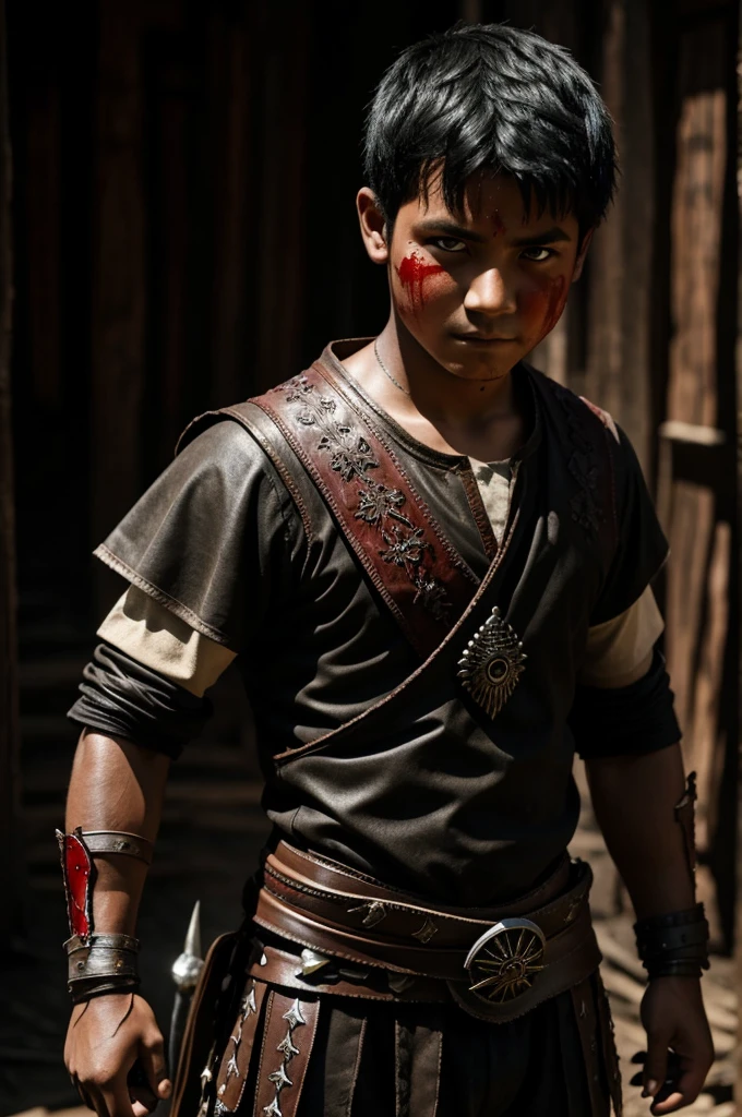 Boy with short black hair, Sician warrior clothing, stained with blood, and one wolf eye.