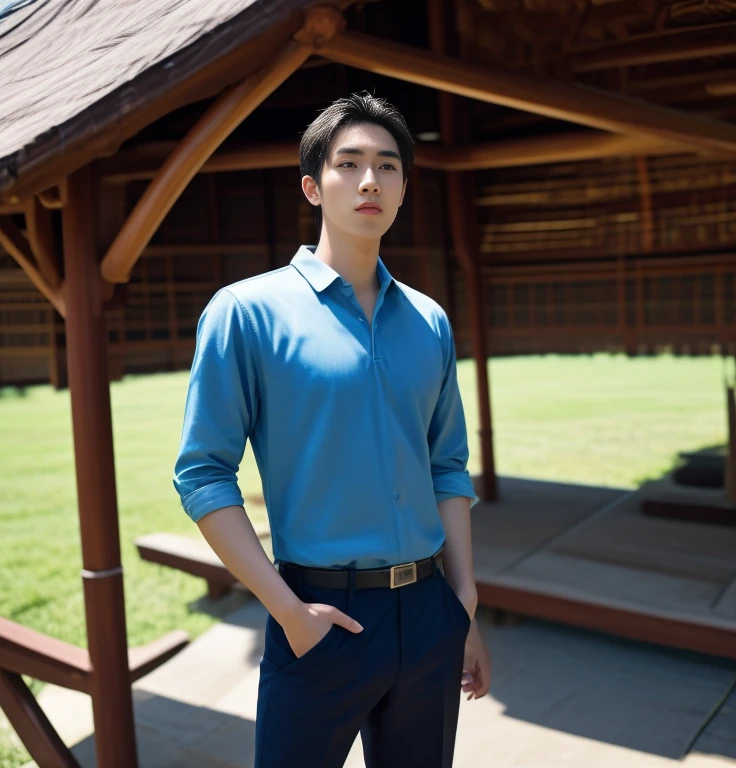 Haraf man looking at camera, perfect has a round face, A well-maintained model., Close-up photo, Southeast Asian man with a round face, 3-D profile picture, 8K, 45,000,000 pixcls, realistic light colors, beautiful young asian man, Asian man, charming anime, Comfortable pose, Anime Asian man in real life, attractive handsome man, young Asian man,, perfect body, Freestyle photo of a handsome young man, ผู้Asian manที่สวยงาม, The character is in her natural pose.,