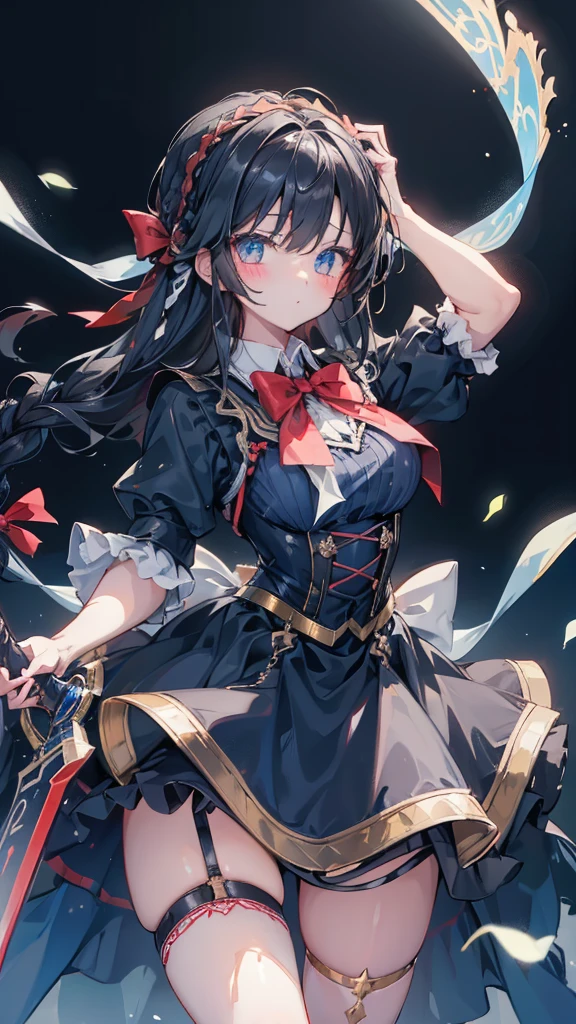 Black-haired girl,Indifferent girl,Golden pupils,Black long hair,braid,braid,脑后braid,Lolita Skirt,Blue Lolita Dress,Lolita style,Blue Skirt,Blue Skirt,Blue Skirt,Blue Skirt,蓝白Lolita Skirt,Blue Dress,Blue Dress,Red bow tie,Red bow tie,Red bow tie,Red bow tie,Red bow tie,单条braid,单条braid,短braid,Repressive style,Garter,Garter,Garter,Large Breasts,Great Sword,手持Great Sword,手持Great Sword,Great Sword