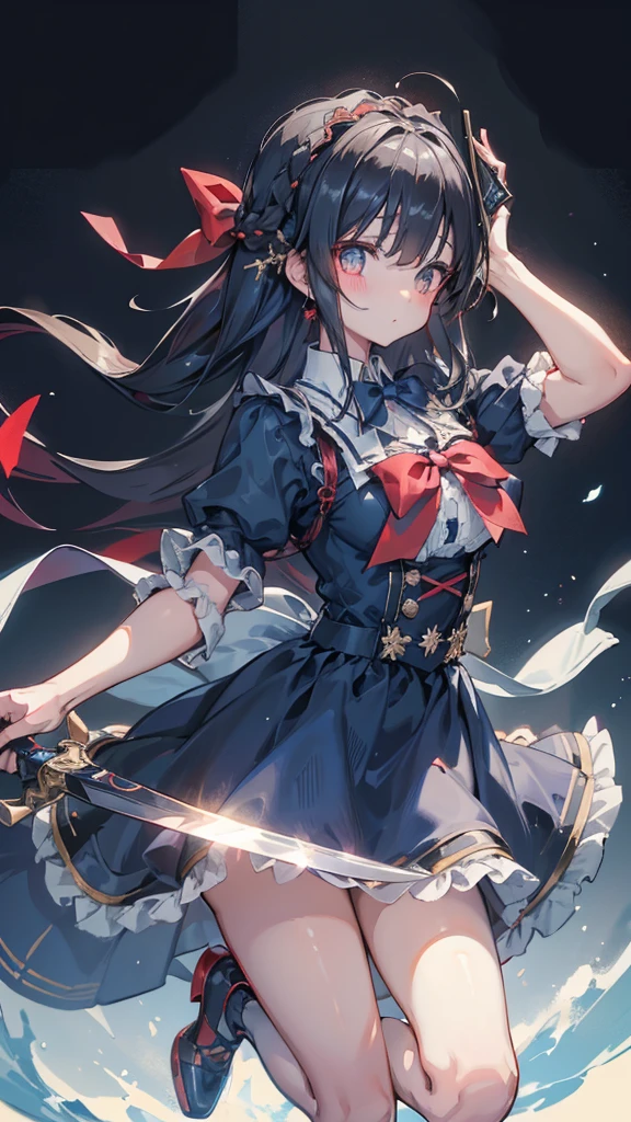 Black-haired girl,Indifferent girl,Golden pupils,Black long hair,braid,braid,脑后braid,Lolita Skirt,Blue Lolita Dress,Lolita style,Blue Skirt,Blue Skirt,Blue Skirt,Blue Skirt,蓝白Lolita Skirt,Blue Dress,Blue Dress,Red bow tie,Red bow tie,Red bow tie,Red bow tie,Red bow tie,单条braid,单条braid,短braid,Repressive style,Garter,Garter,Garter,Large Breasts,Great Sword,手持Great Sword,手持Great Sword,Great Sword