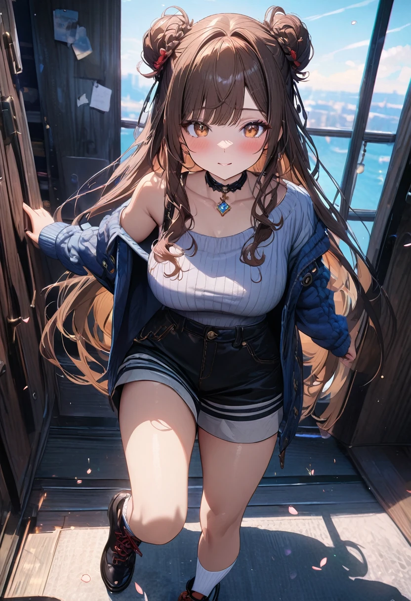 ((masterpiece), best quality, very aesthetic, newest, absurdres, detailed, high quality)
BREAK
highest quality, top quality, details, highres, ultra fine painting, digital art, official art, cinematic, 4k, 8k resolution, 8K CG wallpaper, CG, original artwork, detailed background, colorful background, blue atmosphere, High Dynamic Range, blurry background, blue hour, Starburst effects, crepuscular rays, good ISO, high resolution, wide shot, from far away, RAW photo, POV, sharp focus, light reflection, reflections, intricate details, soft light, particle noise, professional photography, bokeh, depth of field, natural lighting, vibrant colors, looking away, detailed lights and shadows, stylish, ultra-detailed, top rated on Pixiv, trending on Artstation, niji style, modern-days, master crafted, pose
BREAK
solo, close up shot, from above, 1girl, pale skin, correct fingers, detailed hand, (big breasts:1.2), big thighs, small torso, short body, flushtered, blush, anxious expression, embarassed, embarassed act, casual, slim, ((cute, childlike face):1.3), nice hips, nice body, brown hair, (very long flowing hair), (big 2 buns hairstyle)), long bangs, long hair, middle hair bangs, brown eyes
BREAK
(loose black baggy t-shirt, logo, loose black baggy cargo pants, choker, punk style, Gothic) 
BREAK
Hanging clothes, changing room, indoors 