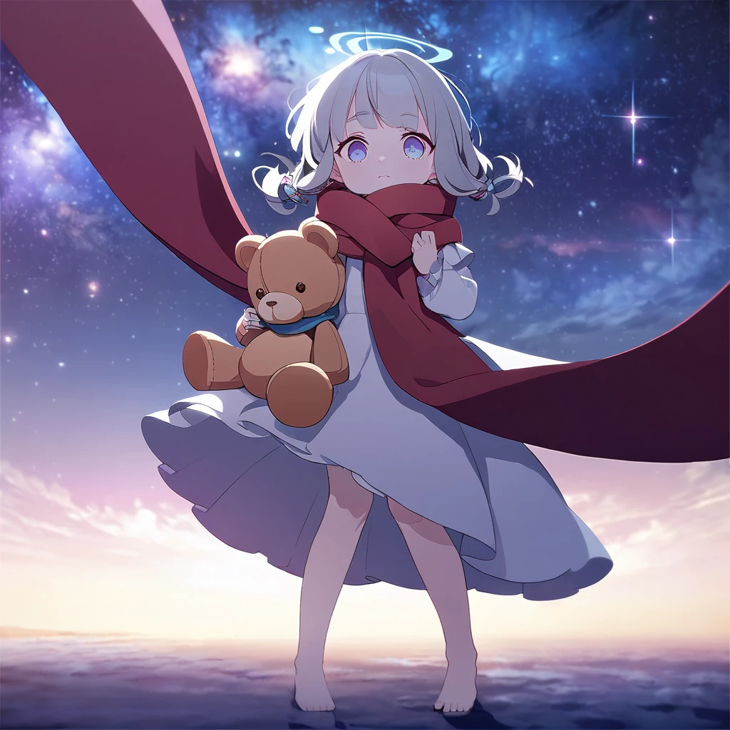 (((masterpiece))), (((best quality))),(((high detail))),light manipulation, girl with silver hair, gradient purple to sky blue eyes, wearing a white dress, a red scarf, (((loli))), (((child))) , galaxy background, holding a teddy bear, feet, no footwear