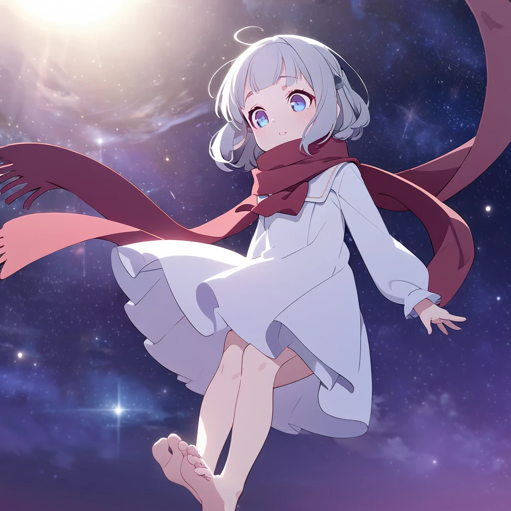 (((masterpiece))), (((best quality))),(((high detail))),light manipulation, girl with silver hair, gradient purple to sky blue eyes, wearing a white dress, a red scarf, (((loli))), (((child))) , galaxy background, holding a teddy bear, feet, no footwear