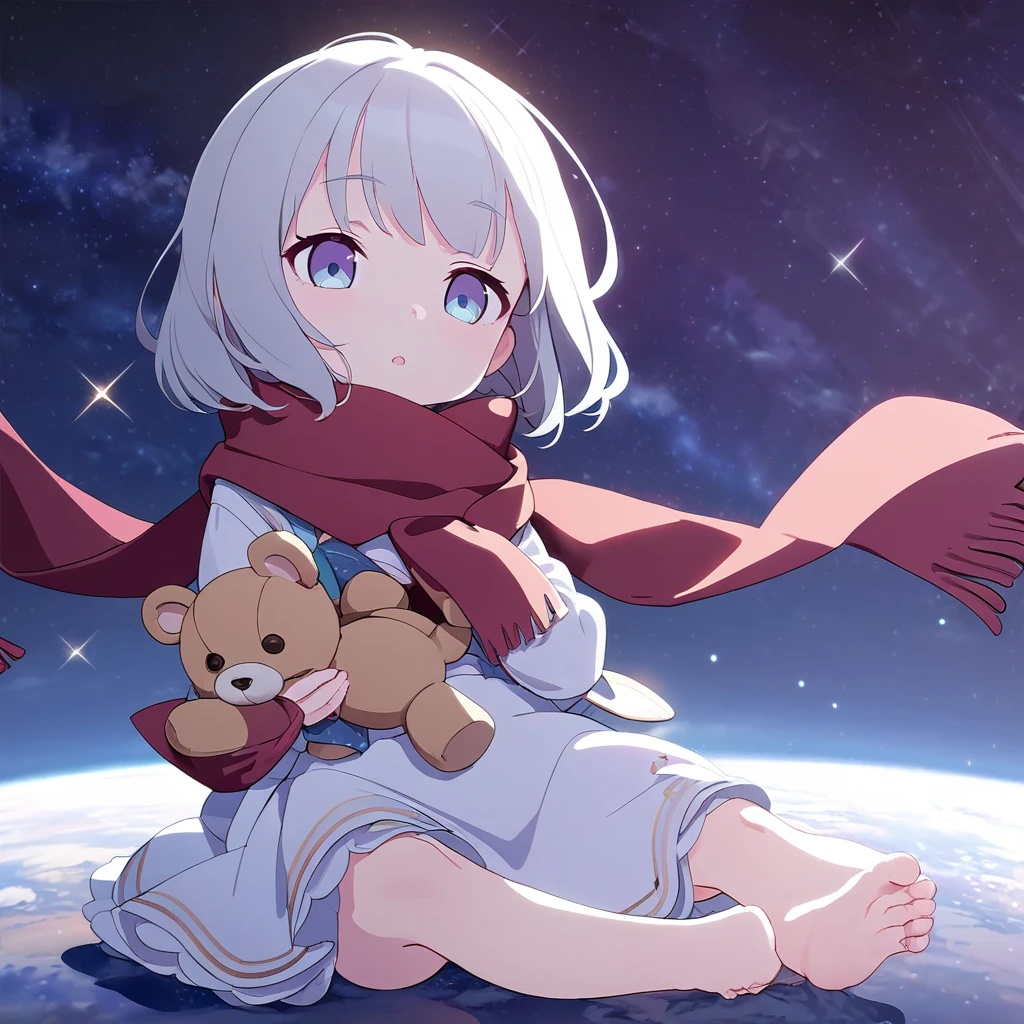 (((masterpiece))), (((best quality))),(((high detail))),light manipulation, girl with silver hair, gradient purple to sky blue eyes, wearing a white dress, a red scarf, (((loli))), (((child))) , galaxy background, holding a teddy bear, feet, no footwear