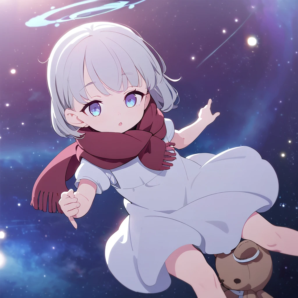 (((masterpiece))), (((best quality))),(((high detail))),light manipulation, girl with silver hair, gradient purple to sky blue eyes, wearing a white dress, a red scarf, (((loli))), (((child))) , galaxy background, holding a teddy bear, feet, no footwear