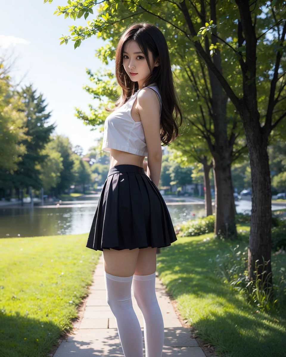 Beautiful Japanese Waifu, early 30s, brunette hair, white cropped shirt, black mini skirt, white stockings 