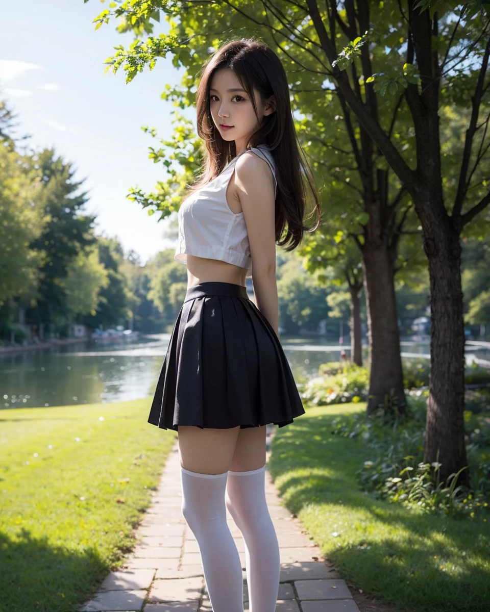 Beautiful Japanese Waifu, early 30s, brunette hair, white cropped shirt, black mini skirt, white stockings 