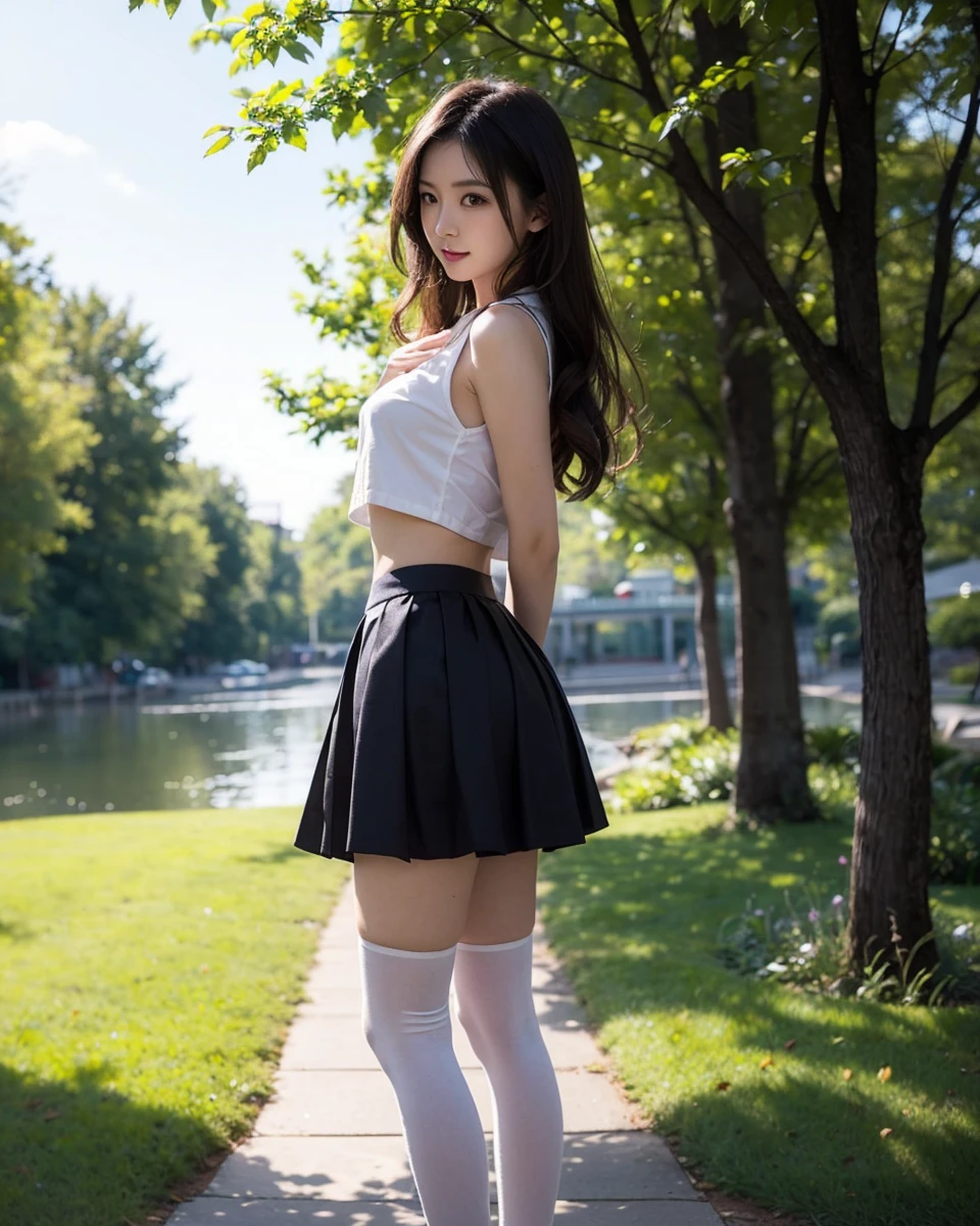 Beautiful Japanese Waifu, early 30s, brunette hair, white cropped shirt, black mini skirt, white stockings 