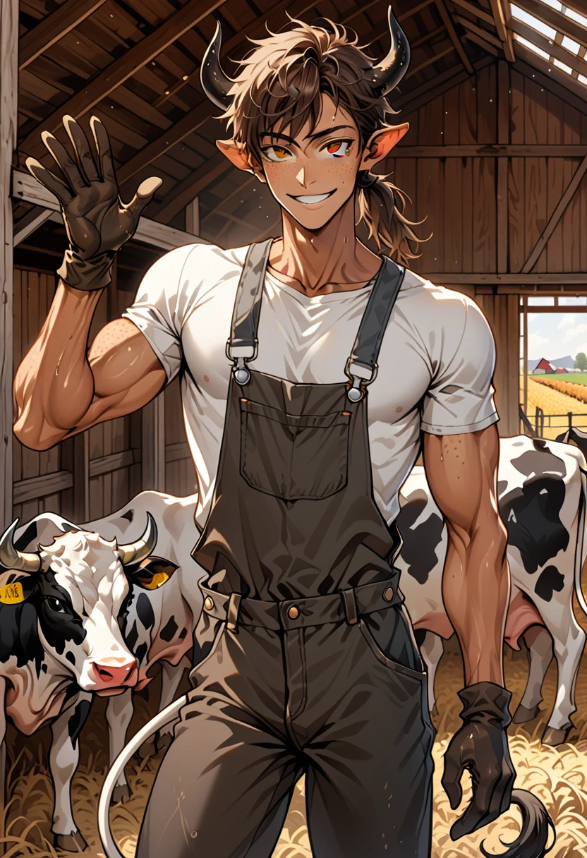 solo, male, black bull horns, tan skin, long messy brown hair, messy hair bangs, brown eyes, young male, farm, overalls and shirt, cow tail, slender waist, smile, t-shirt, ponytail, barn, freckles, slender male, close up, cow ears, very tall, gloves, bulging crotch, loose clothes, sweat, dirty, wink, waving, hand on hip, muscular, feminine male