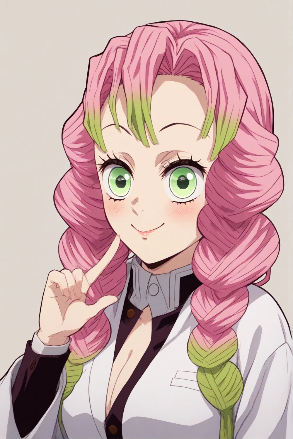 ((masterpiece,best quality)), highres, cute, curvy, eyelashes, mitsuri kanroji \(demon slayer\),pink hair, multicolored hair, green eyes, big breasts, demon slayer corps uniform, 1girl, head tilt, hand up, english commentary, simple background, closed mouth, smile, looking at viewer, light blush, solo, long sleeves, upper body, white haori, happy, shirtspread, 