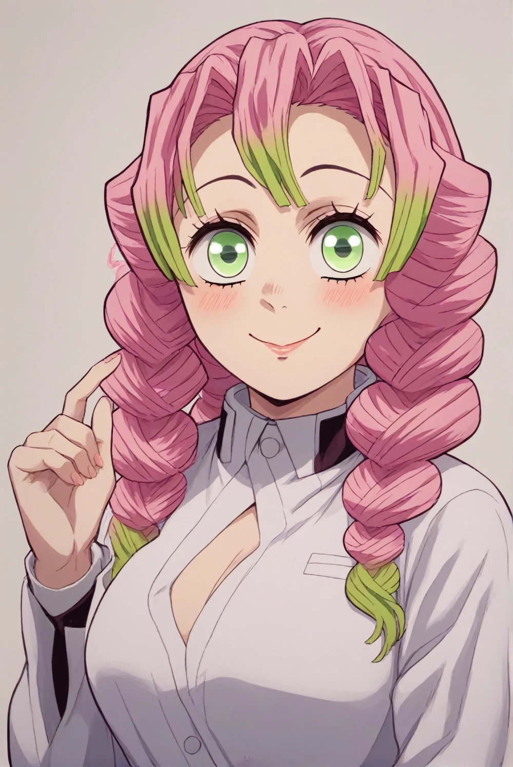 ((masterpiece,best quality)), highres, cute, curvy, eyelashes, mitsuri kanroji \(demon slayer\),pink hair, multicolored hair, green eyes, big breasts, demon slayer corps uniform, 1girl, head tilt, hand up, english commentary, simple background, closed mouth, smile, looking at viewer, light blush, solo, long sleeves, upper body, white haori, happy, shirtspread, 