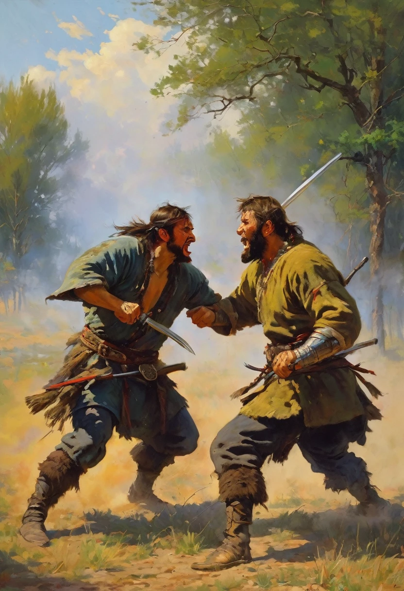 Picture of two fighters, Petros and Leonid, Tuomas Korpi and Vlop, battle scene, Ilya Ostroukhov, hand-to-hand combat, Alexander Kucharsky, Slavic orcs in the steppe, duel, Alexander Ivanov, clash in a duel