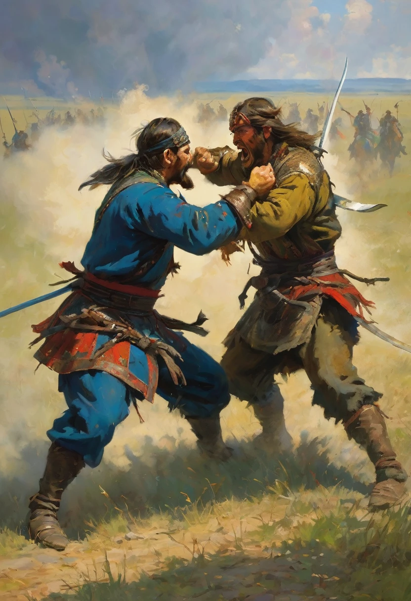 Picture of two fighters, Petros and Leonid, Tuomas Korpi and Vlop, battle scene, Ilya Ostroukhov, hand-to-hand combat, Alexander Kucharsky, Slavic orcs in the steppe, duel, Alexander Ivanov, clash in a duel