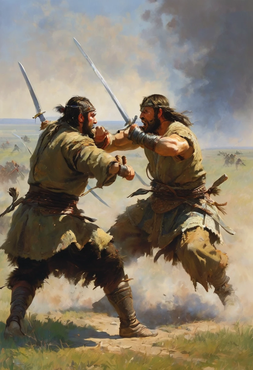 Picture of two fighters, Petros and Leonid, Tuomas Korpi and Vlop, battle scene, Ilya Ostroukhov, hand-to-hand combat, Alexander Kucharsky, Slavic orcs in the steppe, duel, Alexander Ivanov, clash in a duel