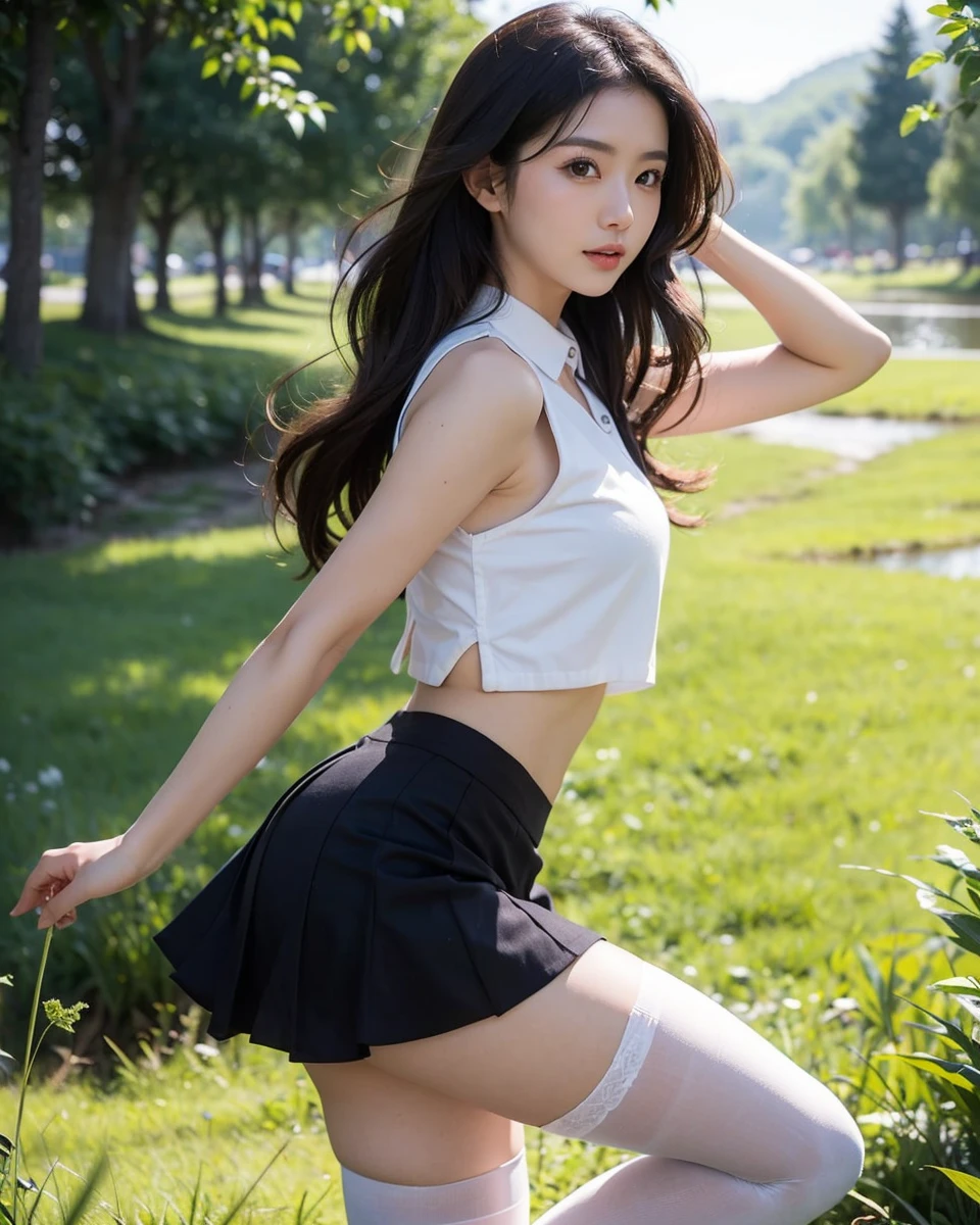 Beautiful Japanese Waifu, early 30s, brunette hair, white cropped shirt, black mini skirt, white stockings, in countryside