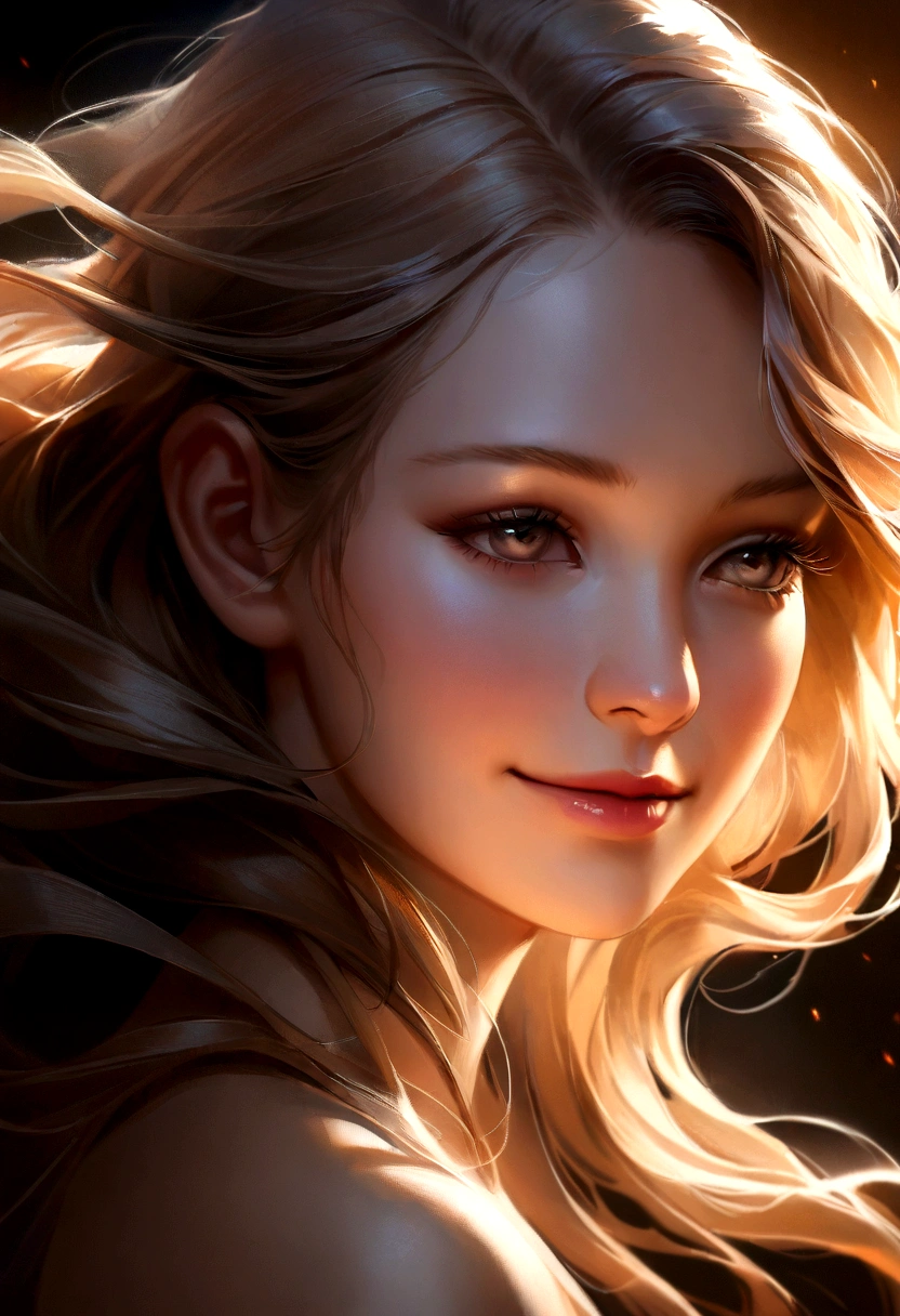 Realistic, ultra-detailed, surreal, 1girl, smile, soft expression, clear skin, long eyelashes, flowing hair, windblown hair, soft ambient lighting, warm lighting, glowing skin, natural light, calm, detailed details,
